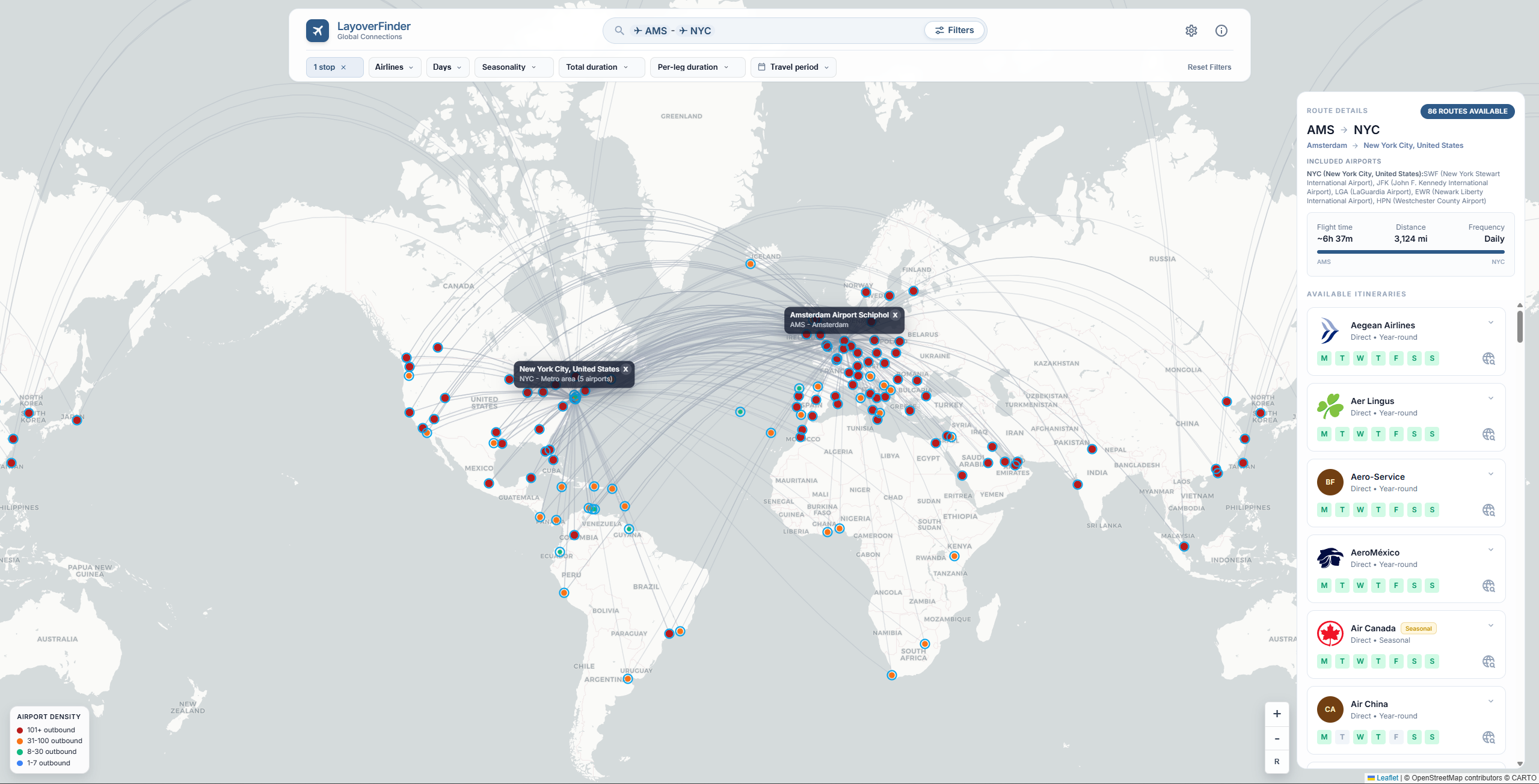LayoverFinder route and results view